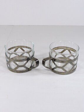 2 Duralex Tempered Glass Cups In Silver Tone Metal Holders - France - Coffee Tea